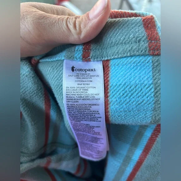 Cotopaxi Mero Bluegrass Plaid Flannel Button Down Shirt 100% organic Cotton Sz L - Picture 7 of 8